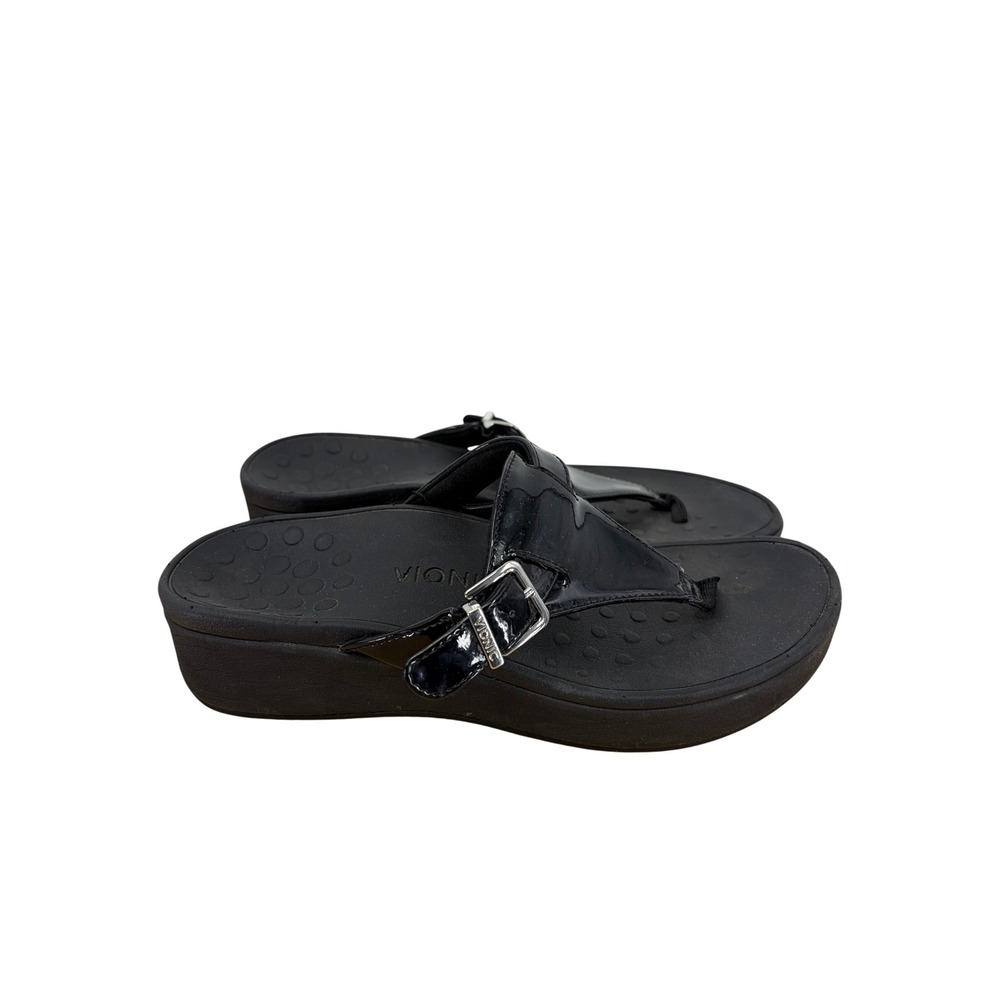 Vionic‎ Women Black Patent Leather Platform Wedge Thong Sandals Buckle Strap 8